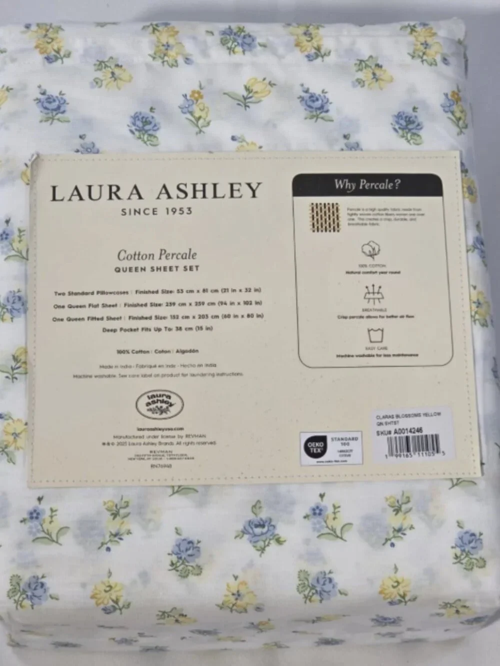 Laura Ashley Queen Sheet Set NWT Blue Yellow Floral Cotton Percale Bedding